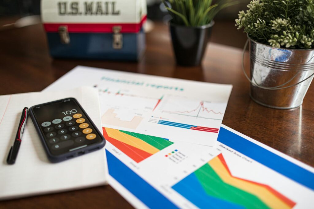 A person reviewing investment paperwork with a calculator and notebook at a tidy desk