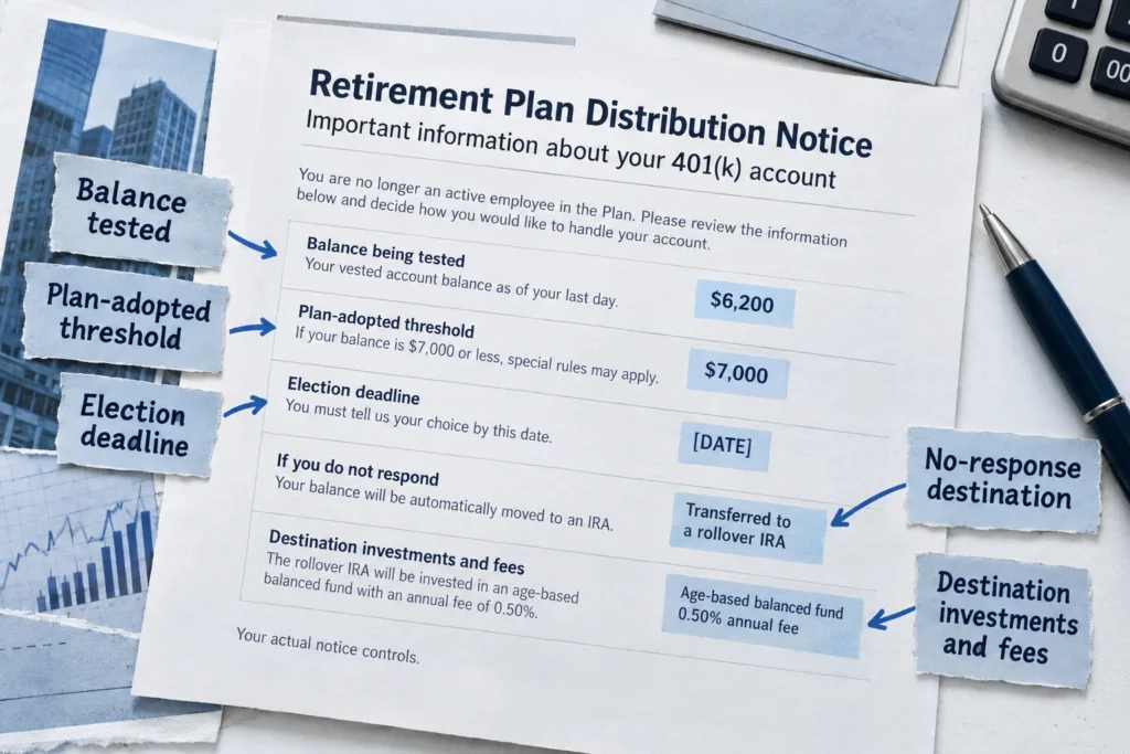 Illustrative distribution notice highlighting the tested balance, plan threshold, election deadline, default destination, and investment costs.