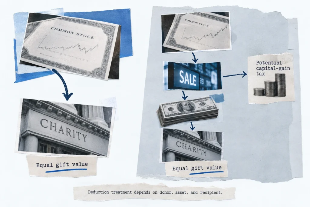 Direct-share and sale-funded cash routes deliver an equal charitable gift, while the sale route may create capital-gain tax.