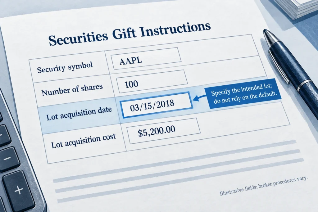 Illustrative securities-gift form highlighting acquisition date and acquisition cost for the intended tax lot.