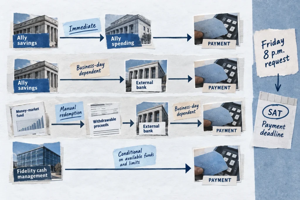 Four payment routes showing where fund redemption and business-day bank transfers can delay access.