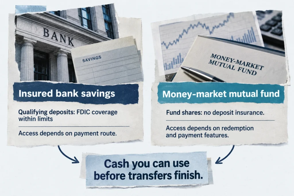 Bank savings and money-market fund comparison separating deposit protection from access to emergency spending money.