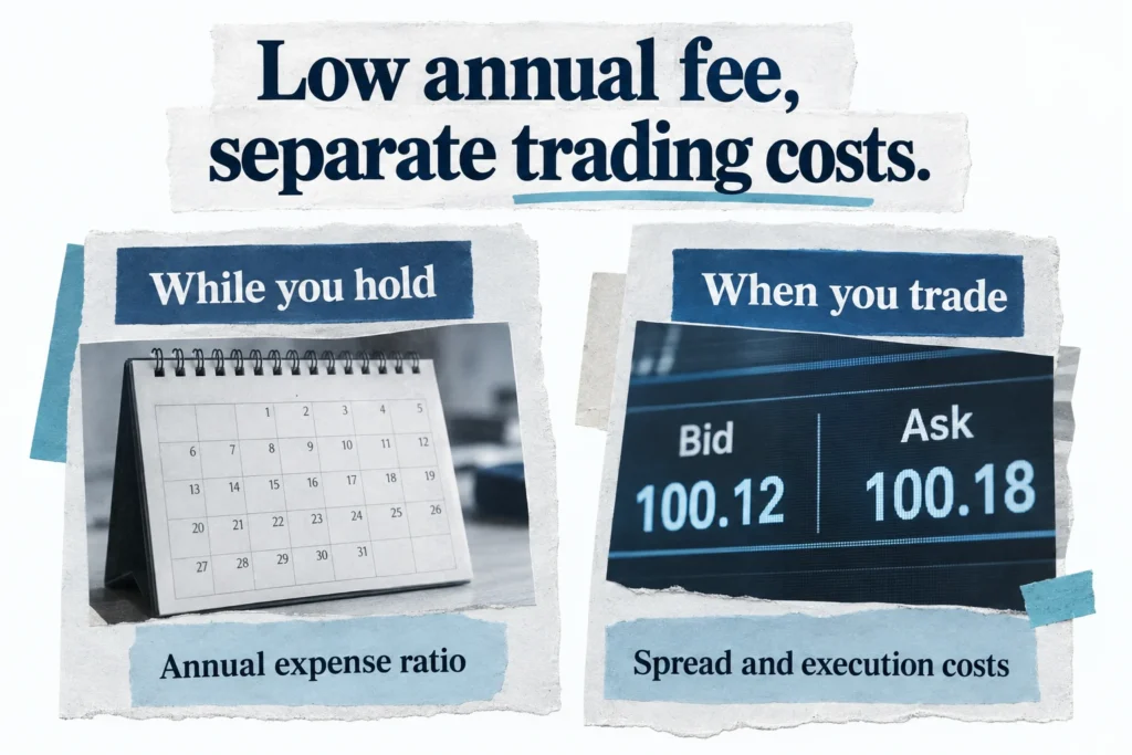 Two ETF cost layers distinguish ongoing fund expenses from the costs of entering and exiting a position.