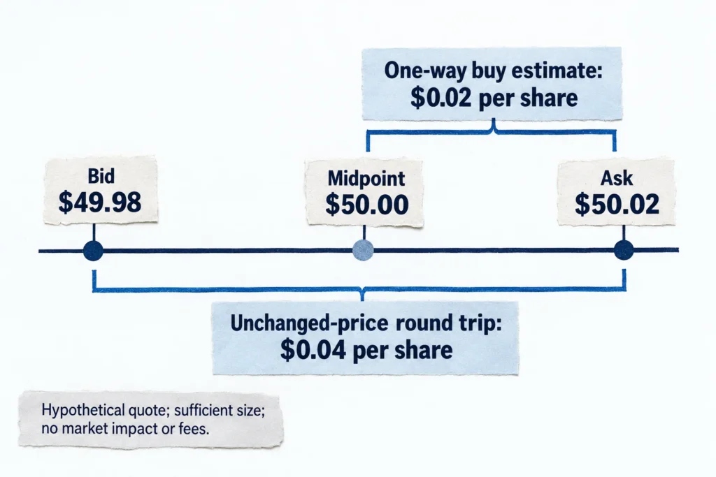 A hypothetical ETF quote shows a two-cent buy half-spread and a four-cent unchanged-price round-trip spread.