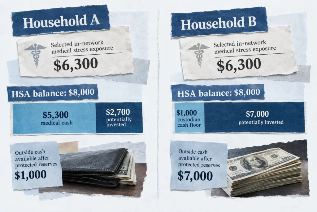 Household A retains $5,300 of its HSA in cash, while Household B retains an illustrative $1,000 floor because it has more outside medical savings.