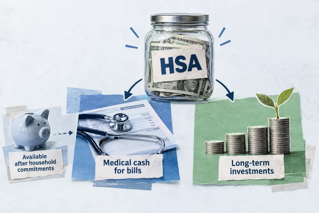 An HSA divided into medical cash and long-term investments, with available outside savings helping fund current care.