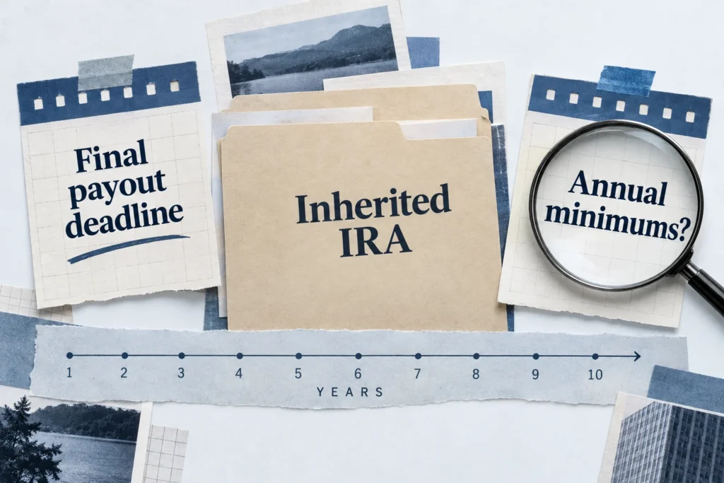 Two calendar cards distinguish an inherited IRA's final payout deadline from possible annual minimum withdrawals.