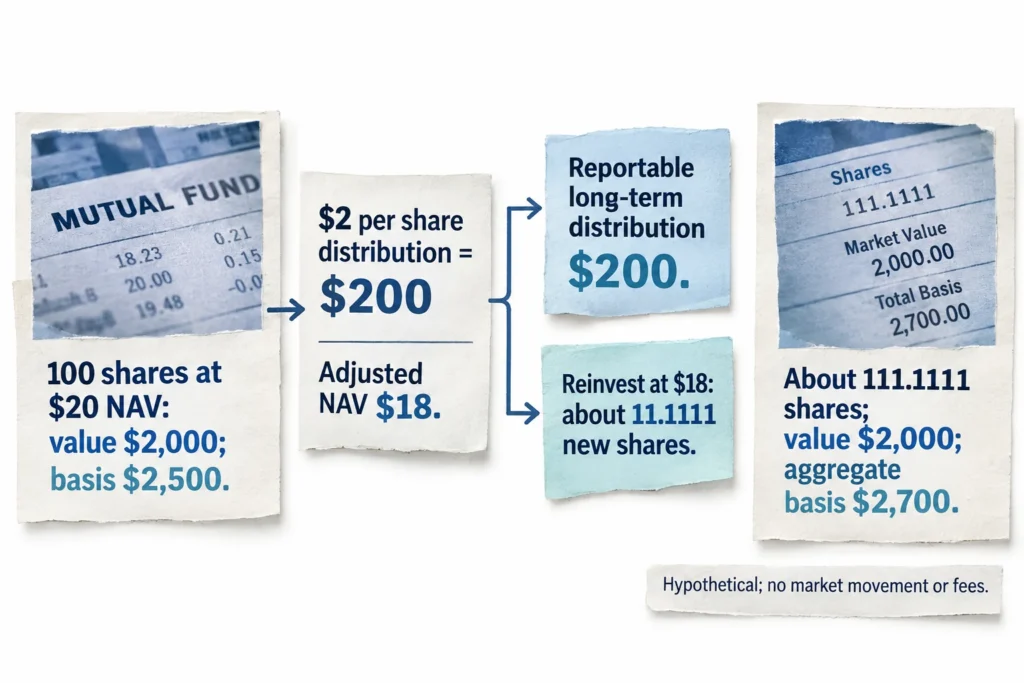 A hypothetical $200 distribution leaves value at $2,000 after reinvestment while increasing total shares and aggregate basis to $2,700.