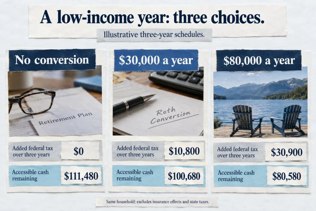 Three conversion schedules comparing added federal taxes and remaining accessible cash over three years.