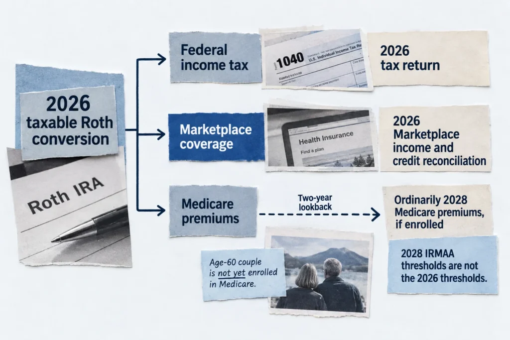 A 2026 conversion affects 2026 taxes and Marketplace assistance, and ordinarily 2028 Medicare premiums for someone enrolled then.