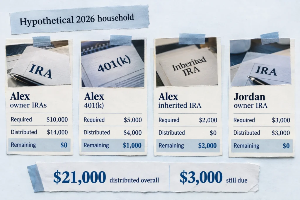 A household withdrew $21,000 but still owes $1,000 from Alex’s 401(k) and $2,000 from Alex’s inherited IRA.