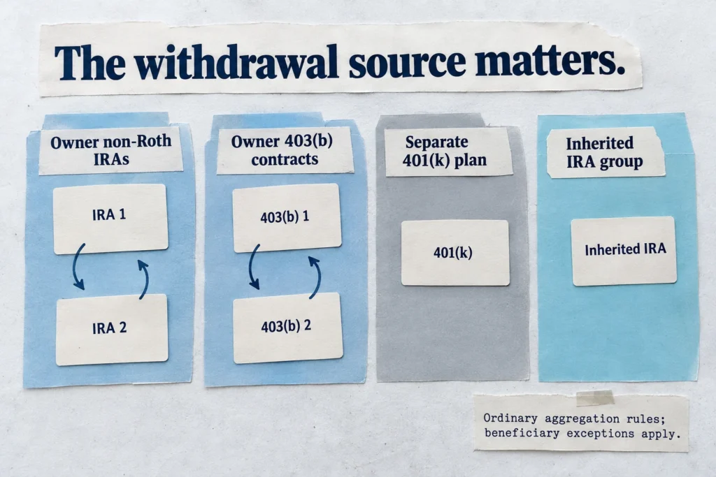 Retirement accounts arranged into separate permitted RMD withdrawal groups.
